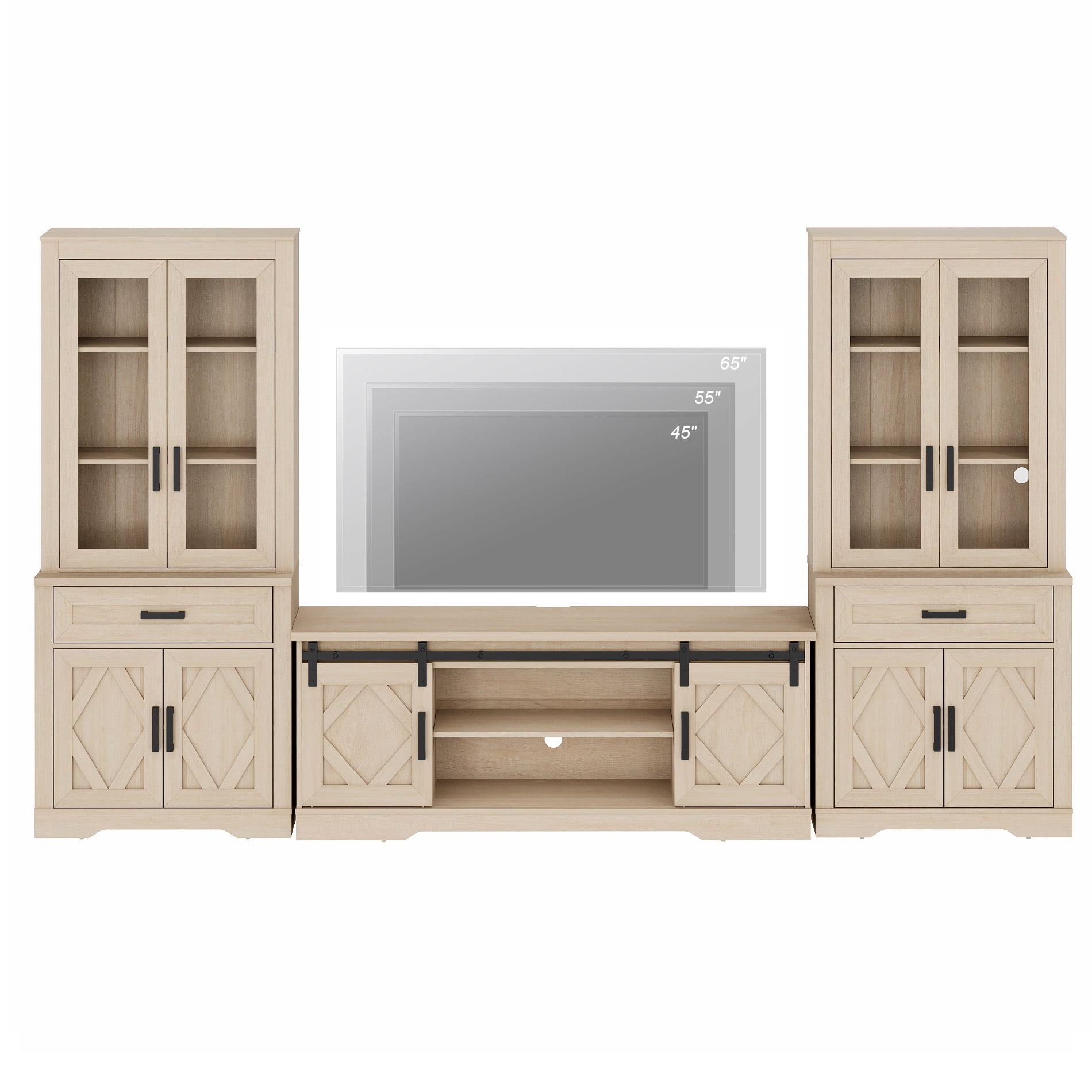 WAMPAT Farmhouse Entertainment Center with Bookshelf for TVs up to 65",Mid Century Modern TV Stand with 73"H Tall 5-Tier Bookcase with Open Storage and Barn Doors for Living Room,Beige