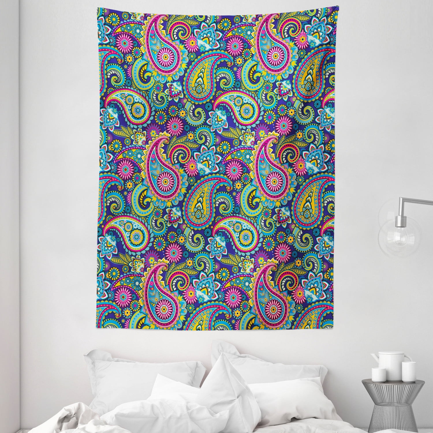 Navy and Blush Tapestry, Old Fashioned Eastern Floral Paisley Motif