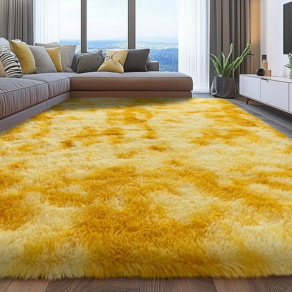 ZENELESS 9'x12' Tie-Dye Yellow Plush Shaggy Rug, Extra Large Soft Indoor Modern Fluffy Carpet for Stylish Home Decor