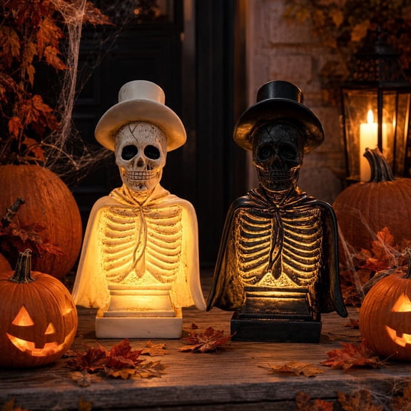 Halloween Skull Candle Light, Black LED Electronic Night Lamp with Funny Ghost Face, Battery Powered Tabletop Decor for Party Mantel Window Home