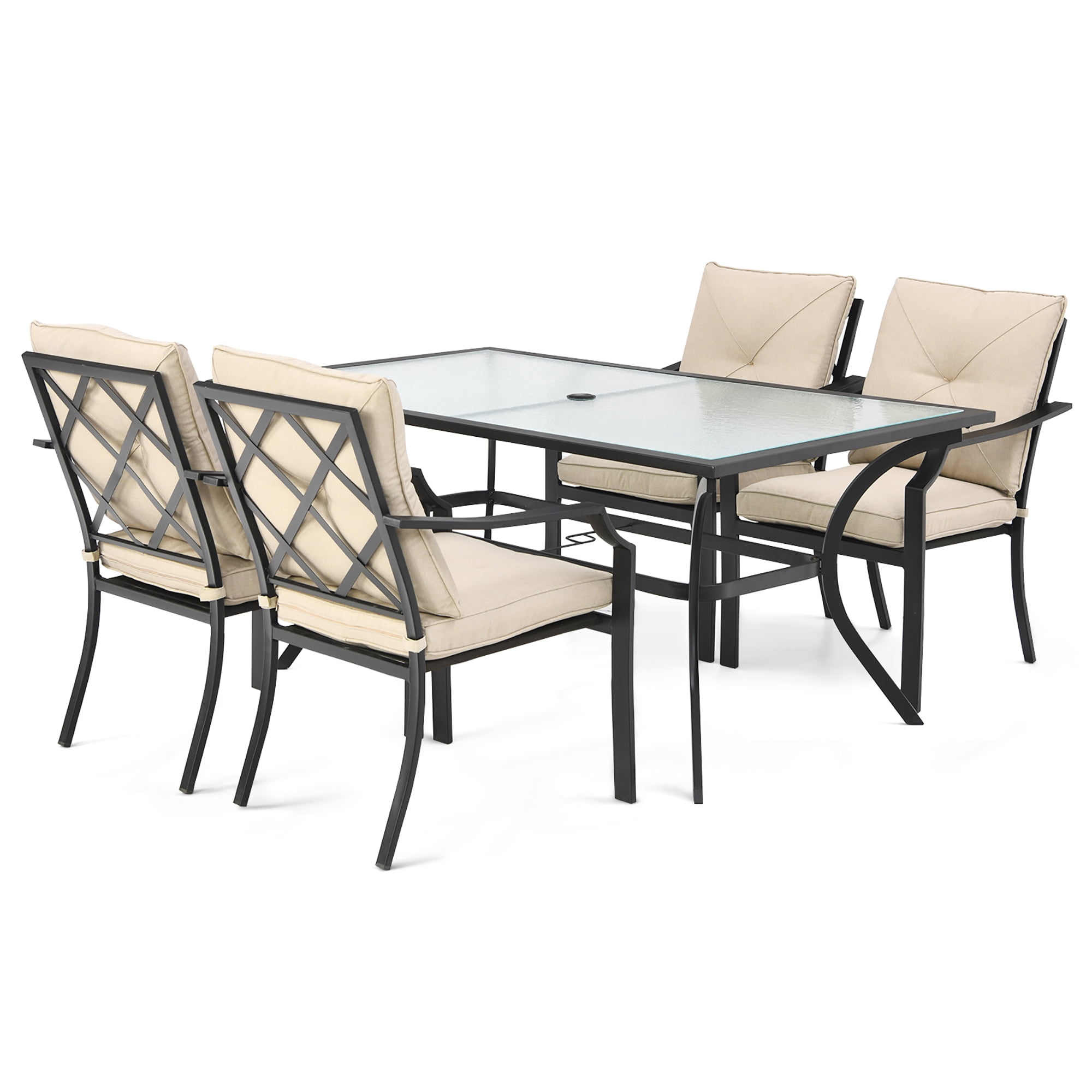 Costway 5PCS Patio Dining Set Stack Chairs Cushioned Glass Table Umbrella Hole