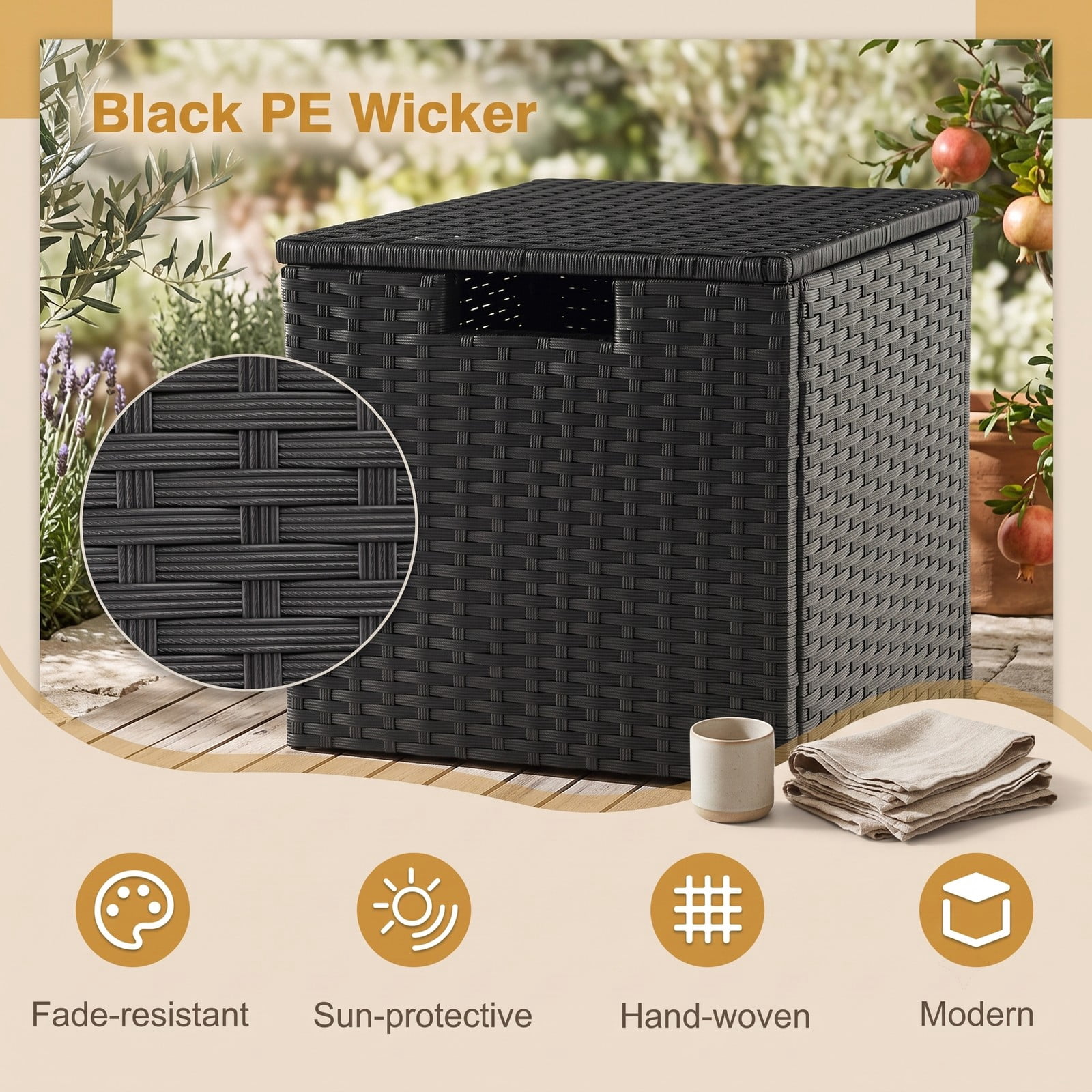 Biotree 2-in-1 Patio Rattan Propane Tank Cover Side Table for 20 lb Tanks, Outdoor PE Wicker Gas Cylinder Hideaway with Metal Frame and Adjustable Feet, Black