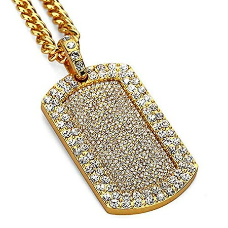 - Mens New Iced Out Hip Hop Full CZ Dog Tag Pendant Franco Chain Necklace 24in (Gold)