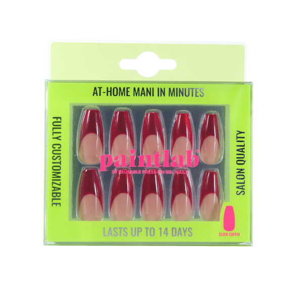 PaintLab Long Sleek Coffin Press On False Nails, Red Chrome, 30 Count