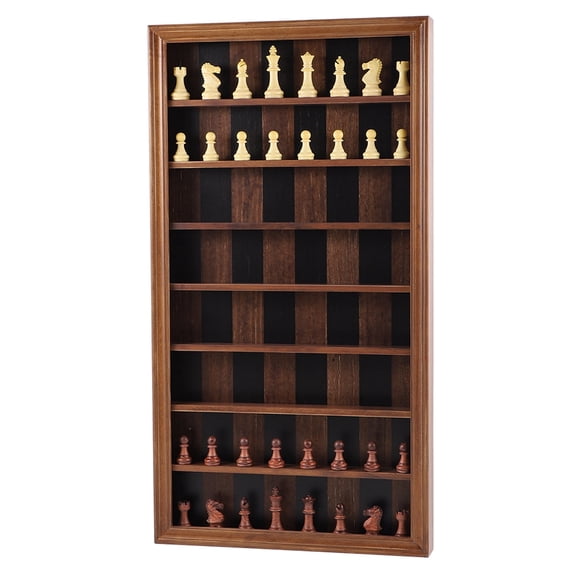 Giant Wall Mounted Board Game Wooden Chess Game Set with A Complete Set of Carved Chess Pieces Vertical Display Cabinet for Home Games Hanging Art Home Decoration (Burnt Color)