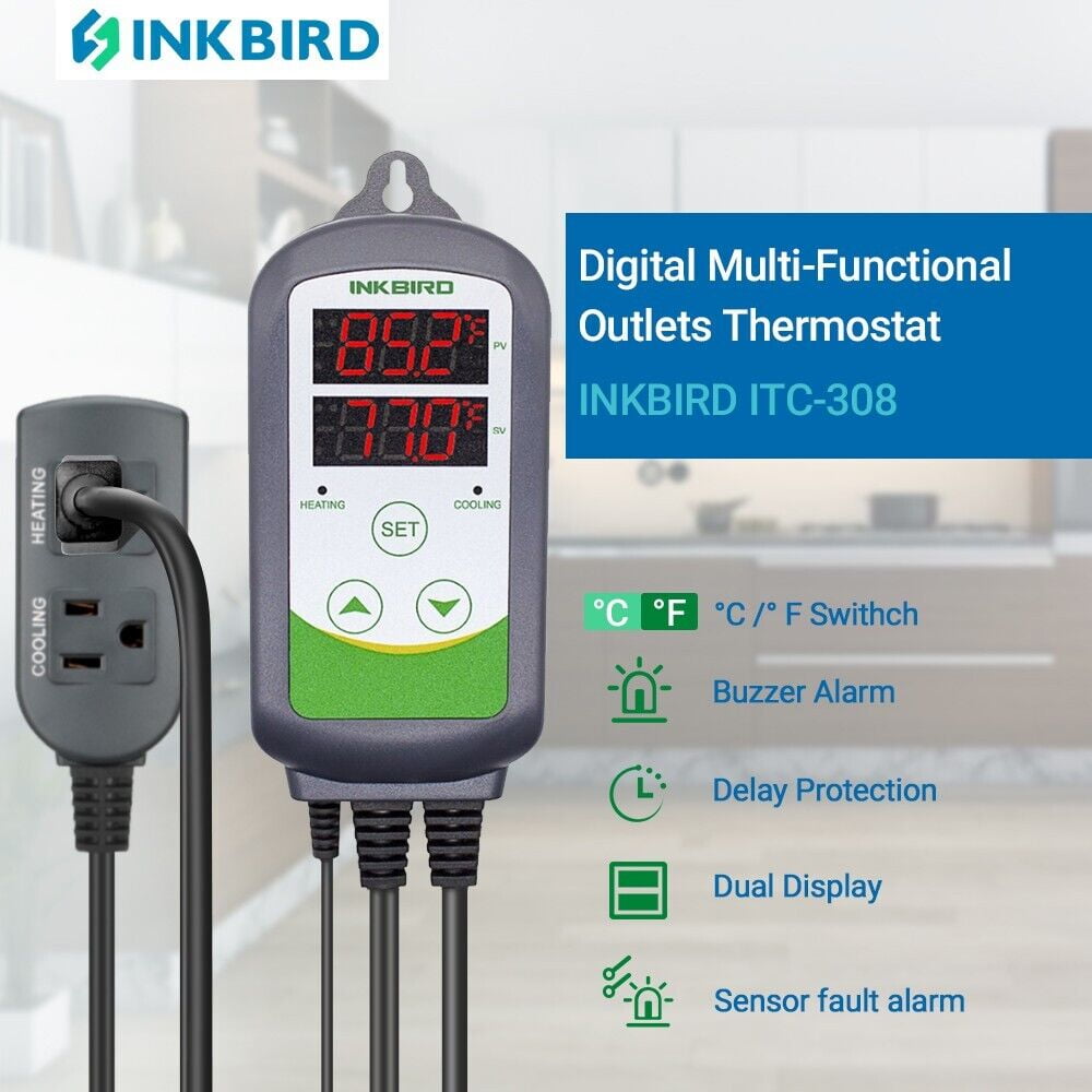 Inkbird ITC-308 Digital Temperature Controller 2-Stage Outlet Thermostat  Heating and Cooling Mode10V 10A 1100W 