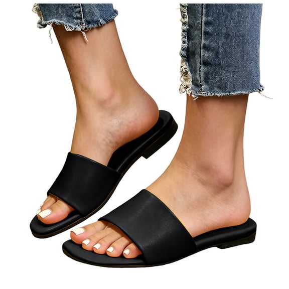 Rokment Women's Slippers Sandals Trendy Casual Solid Color Leather Square Open Toe Wide Width Slip on Dress Flat Comfortable Walking Slides Shoes Outdoor Summer Black Size 6