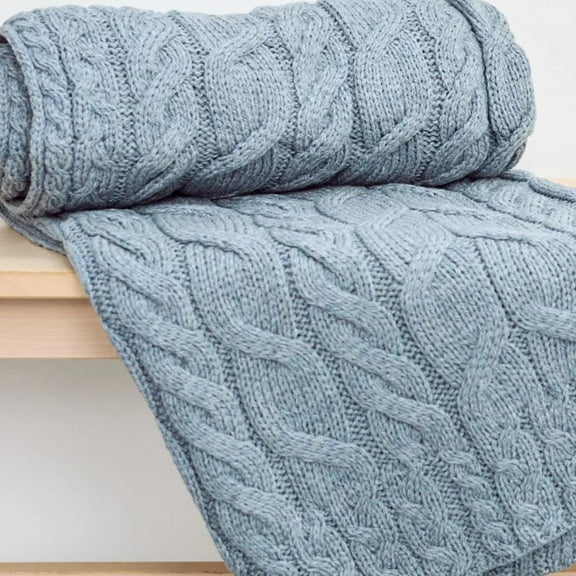 Soft Aran Cable Merino Slate Blue Throw Blanket One Size Made By Aran Woollen Mills