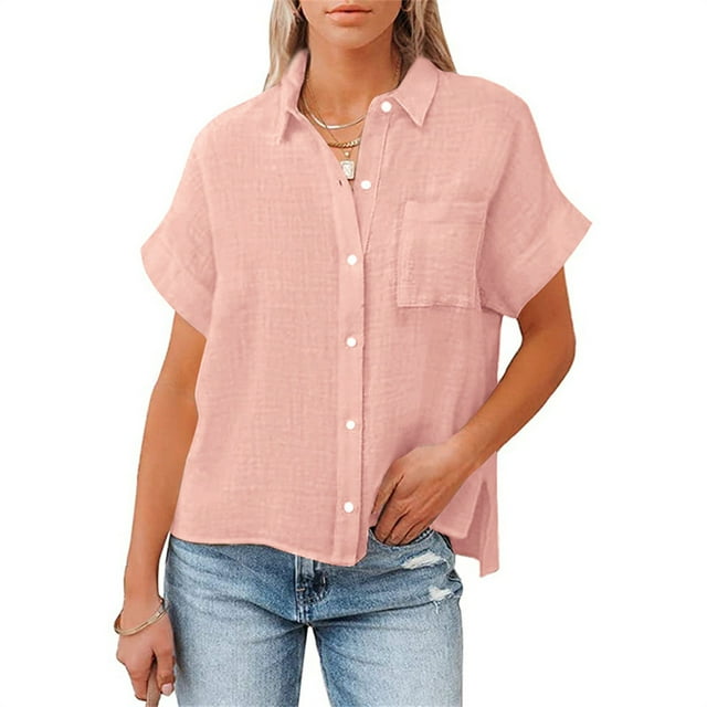 Blusa de manga corta Sonducket con botones y cuello en V para mujer Rosa L