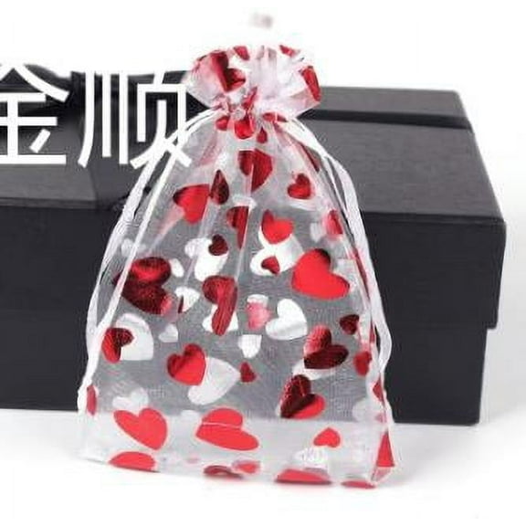 Jiyike 50pcs Valentine'S Day Red Heart Mesh Bags Drawstring Jewelry Pouches Present Packaging Bags Wedding Party Favors Candy Bags Heart Mesh Bags