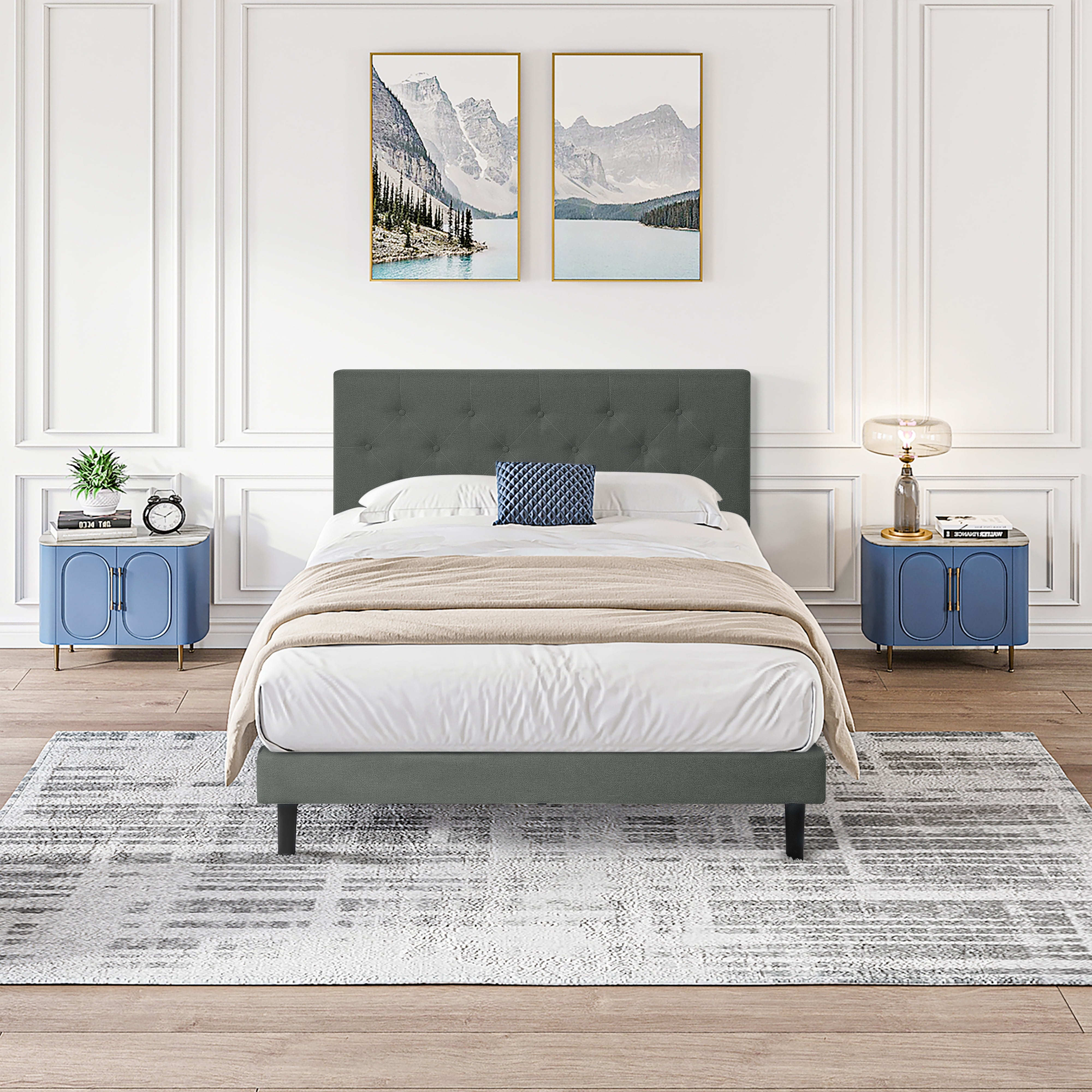 LEGAHOME Twin Bed Frame, Upholstered Platform Bed with Button Tufted Linen Fabric Headboard, Modern Twin Size Bed, Heavy Duty Single Bed Frame, No Box Spring Needed, Wood Slat Support, Drak Gray