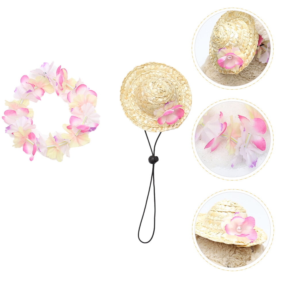 PTOOTP Red Hawaiian Pet Dog Cat Hat and Garland for Decoration Made of Polyester and Straw Small Size
