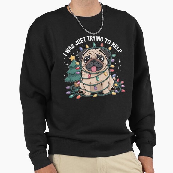 Funny Pug Dog Tangled In Christmas Lights Graphic Unisex Sweatshirt Retro Pet Humor G16074, Up to Size 5XL