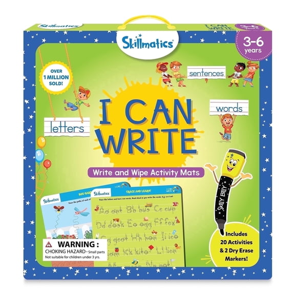 Skillmatics I Can Write Reusable Preschool Activity Mats with 20 repeatable activities, 2 Dry Erase Pens for Kids Ages 3 to 6