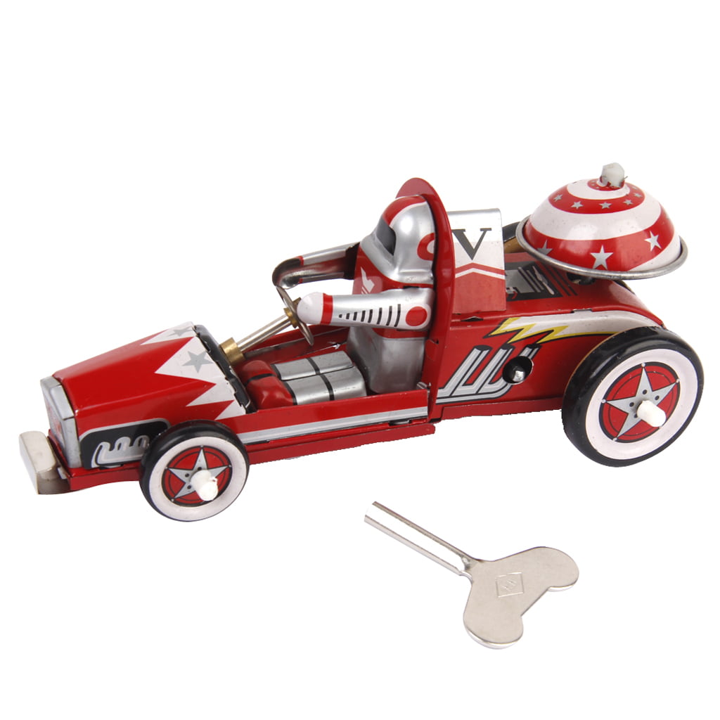 Kids Vintage Wind Up Tin Toy Racing RaceCar Racer Driver Clock Work Mechanical 