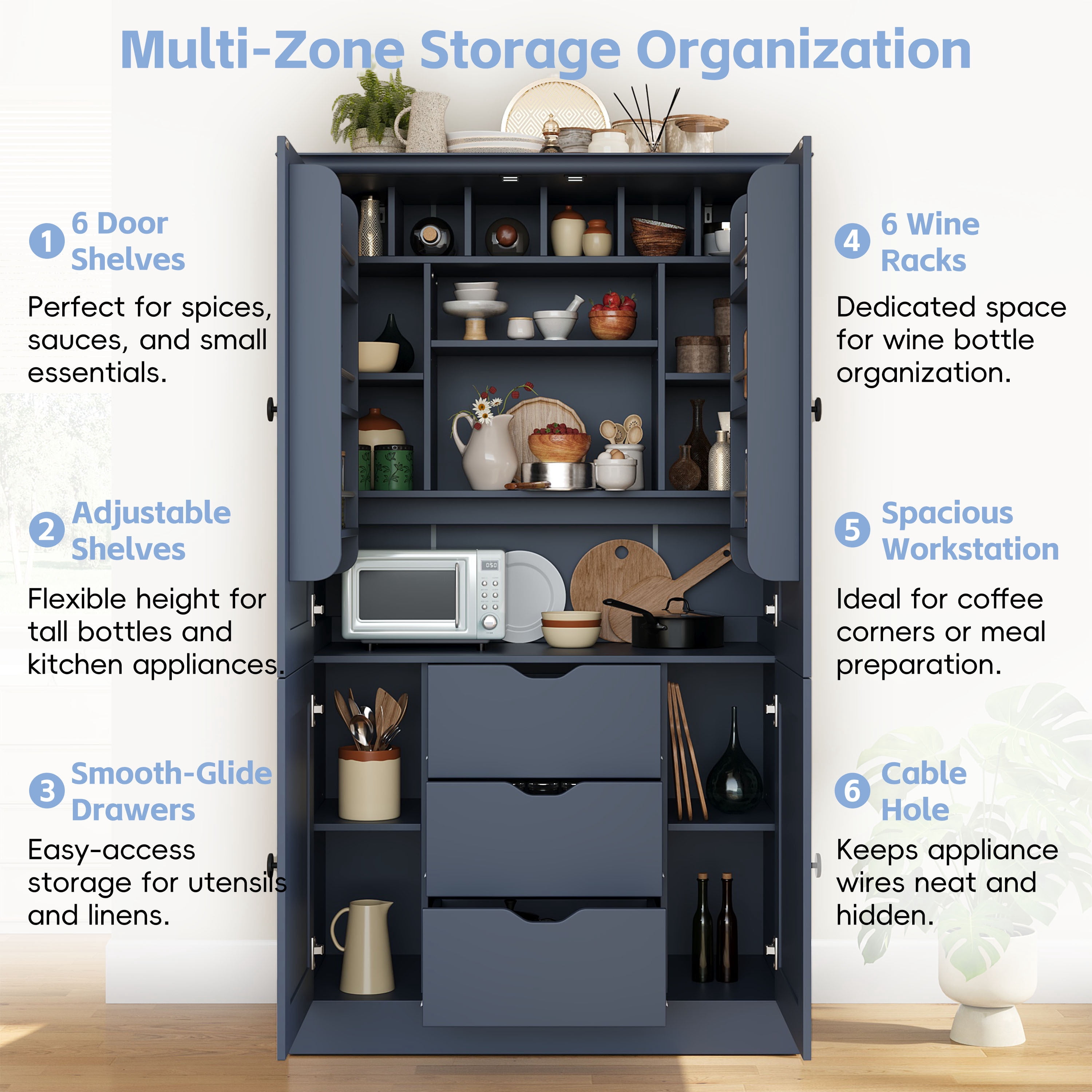 Euroco 70.9" Kitchen Pantry Cabinet with 3 Drawers, Farmhouse Tall Storage Cabinet with 6 Door Shelves, Removable Shelves and 6 Wine Racks,Freestanding Cupboard for Dining Room,Blue