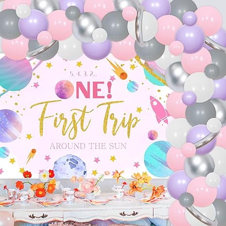First Trip Around The Sun Birthday Party Decorations for Girls 1st Birthday Supplies First Trip Around The Sun Backdrop Space Pink Balloon Arch Kit for Space Themed Baby Shower Party Decor