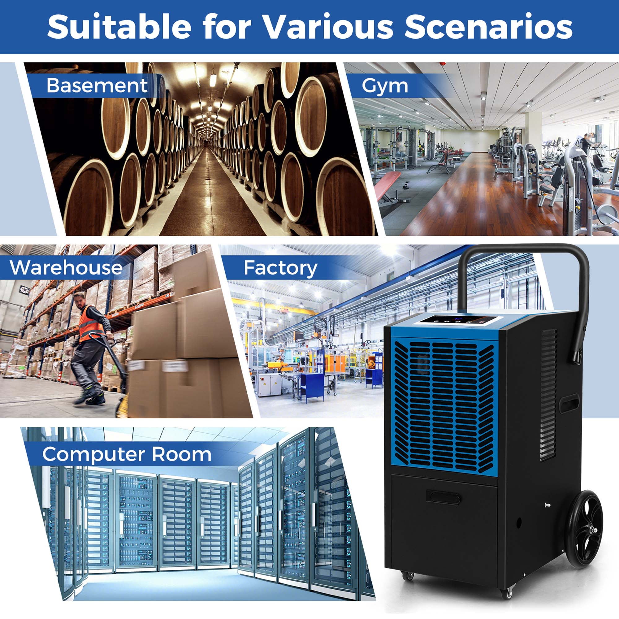 Costway 48-Pint(DOE) Commercial Dehumidifier with Pump & Drain Hose 4,500 Sq. ft Coverage Area Blue (MAX 163Pint at 95°F, 90%RH)