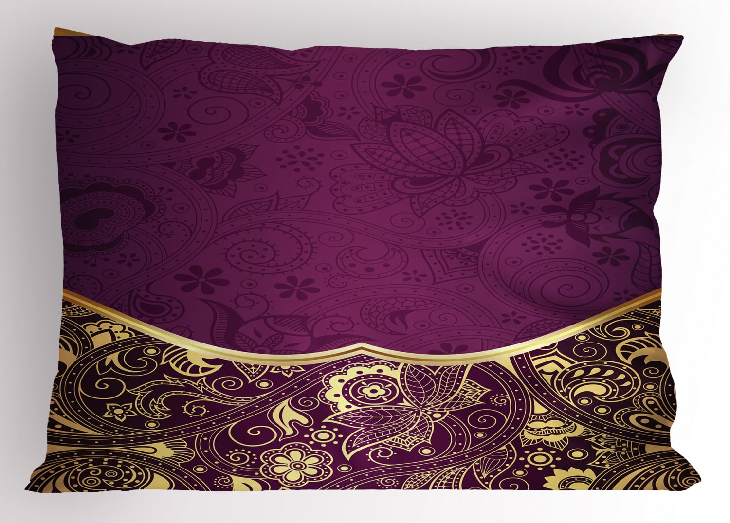 Purple Pillow Sham Oriental Abstract Gold Swirly Floral Pattern Frame