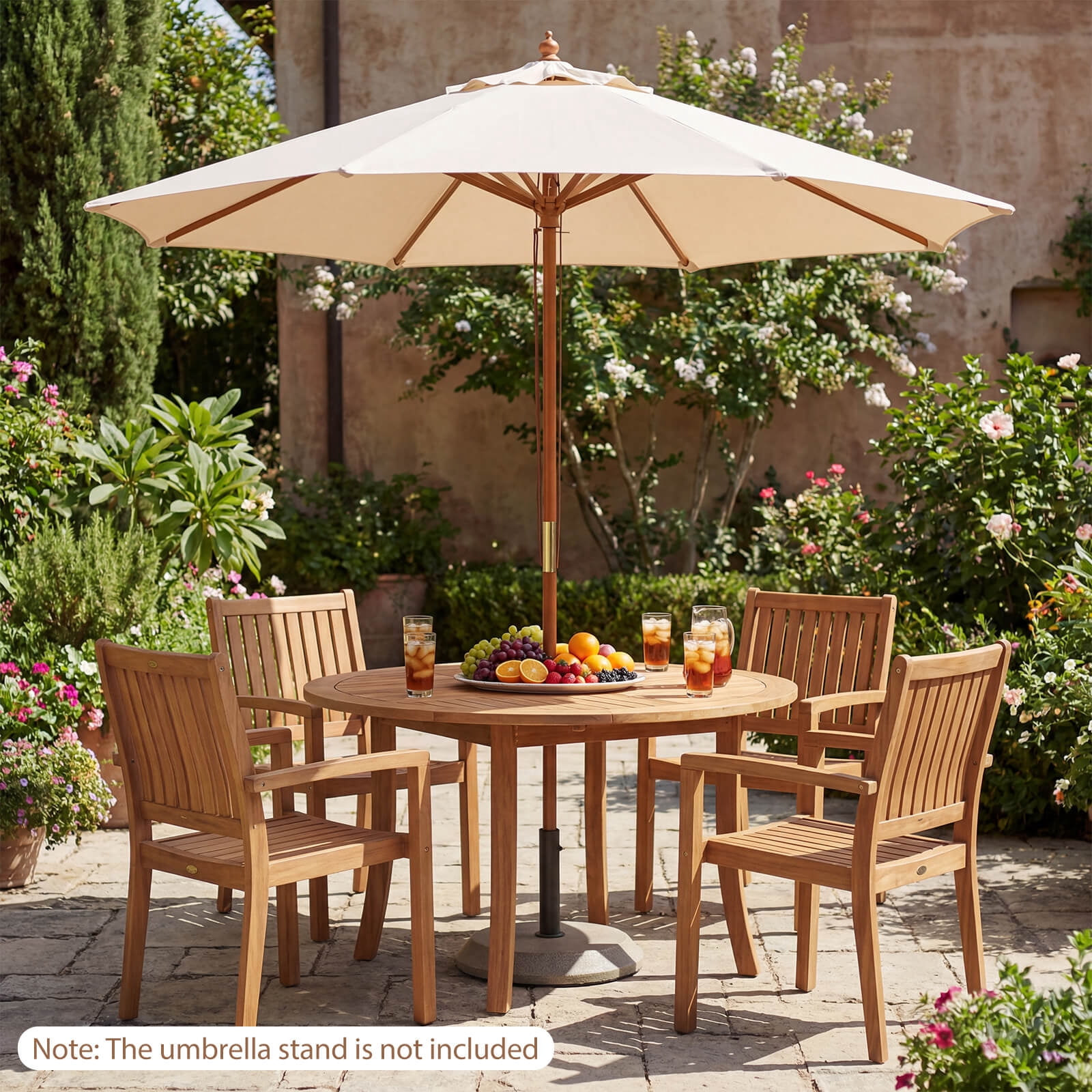 Costway 9 FT Patio Umbrella with Adjustable Height Rope Pulley Lift Vented Top 8 Sturdy Ribs Beige