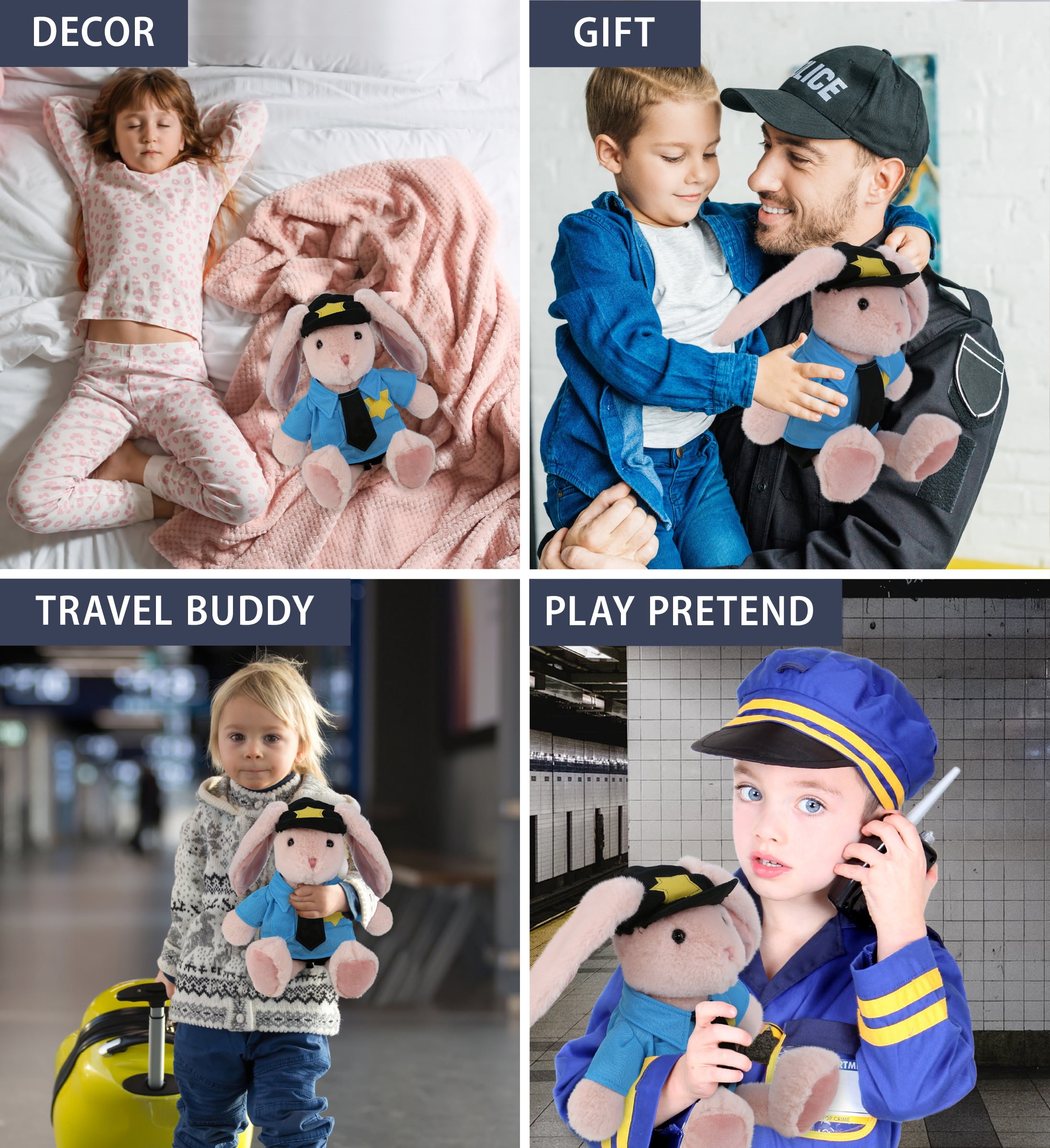 DolliBu Baby Pink Rabbit Police Officer Plush Toy – Super Soft Pink Rabbit Cop Stuffed Animal Dress Up Cop Uniform and Cap Outfit, Fluffy Pink Rabbit Policeman Toy Plush Gift for Kids – 8 Inches