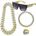 thumbnail image 1 of Kit de disfraz de hip hop para hombre, accesorios de rapero, conjunto de disfraz hippie, collar con cadena de oro y signo de dólar, anillo y gafas de sol negras y doradas, atuendo de discoteca., 1 of 5