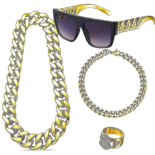 Kit de disfraz de hip hop para hombre, accesorios de rapero, conjunto de disfraz hippie, collar con cadena de oro y signo de dólar, anillo y gafas de sol negras y doradas, atuendo de discoteca.