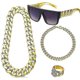 thumbnail image 1 of Kit de disfraz de hip hop para hombre, accesorios de rapero, conjunto de disfraz hippie, collar con cadena de oro y signo de dólar, anillo y gafas de sol negras y doradas, atuendo de discoteca., 1 of 5