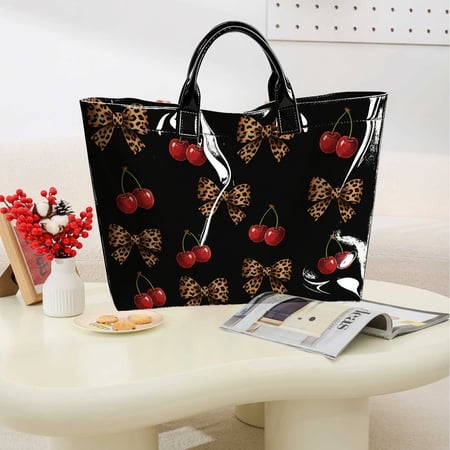 1pc Red Cherry Leopard Bow Print Tote Bag, Use For Commute Campus, Fashion Patent Shoulder Handbag, Thanksgiving & Christmas Gifts