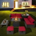 thumbnail image 2 of Topbuy 9PCS Outdoor Patio Furniture Set with 30" Propane Fire Pit Table PE Wicker Space-Saving Sectional Sofa Set w/ Storage Box & Red Cushions, 2 of 10
