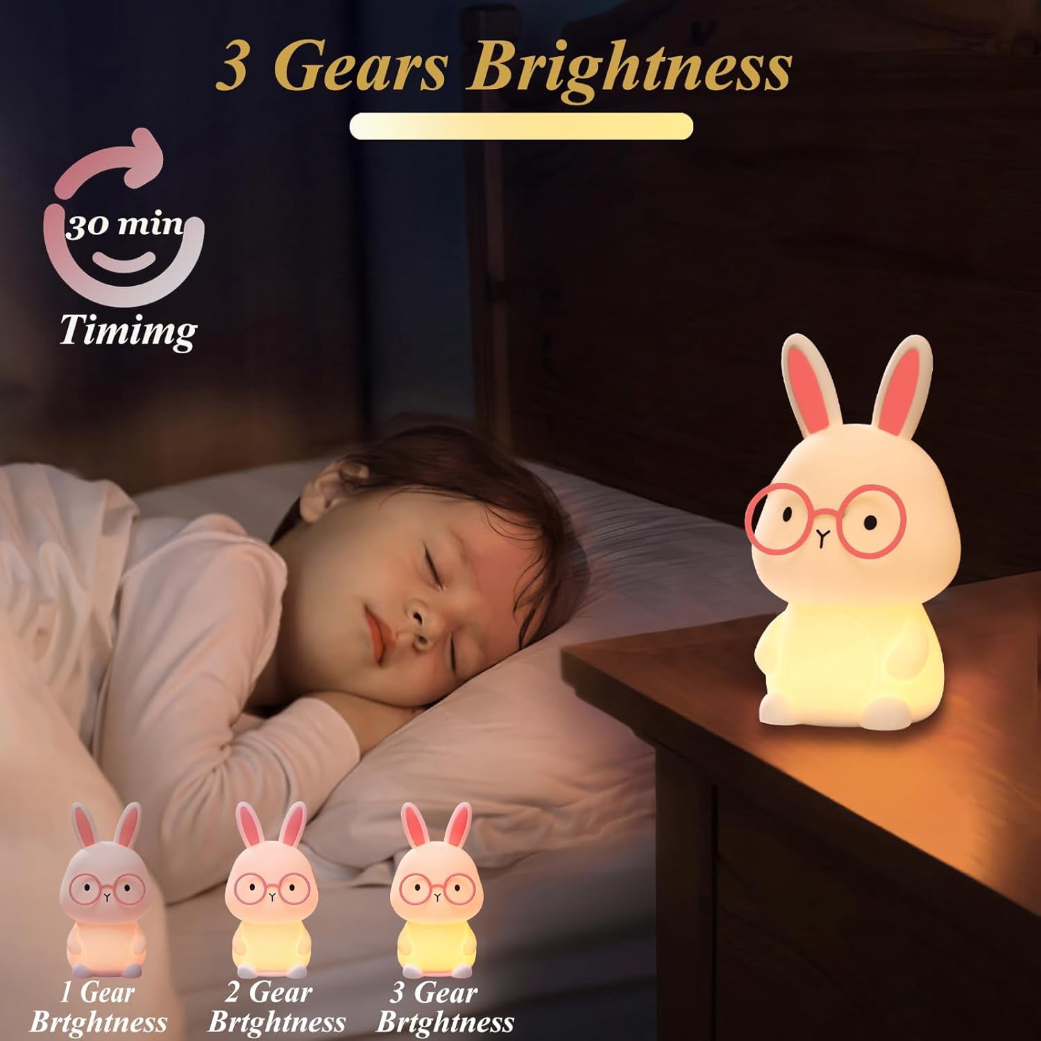 Bunny Night Light for Kids, Cute White-Pink Silicone Rabbit Lamp, 7 Colors RGB & 3-Level Warm Light, 30-Min Timer Rechargeable Touch Night Light, Easter Gifts for Baby Toddlers