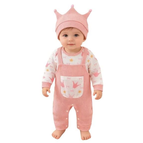 WOYY Girls Outfits Baby Cute Romper and Overalls with Hat 3Pcs Set, Sizes 0-18 Months