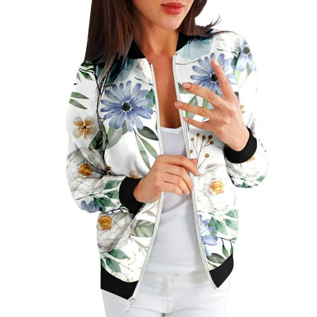

Hwmodou Female Casual Jackets Long Sleeve Loose Coat O Neck Zipper Classic Zipper Floral Print Casual Daily Outwear Pockets Jackets For Women