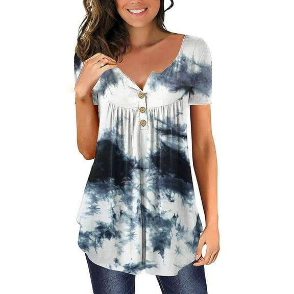 QENGING Shirts for Women Floral Printed Regular Trendy Graphic Tees Short Sleeves V Neck Button Top Navy M Summer Clearance