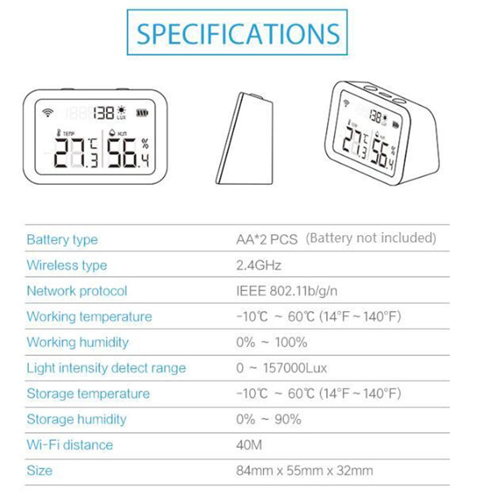 For Tuya Temperature Humidity Sensor Lux Light Detector With Lcd Screen