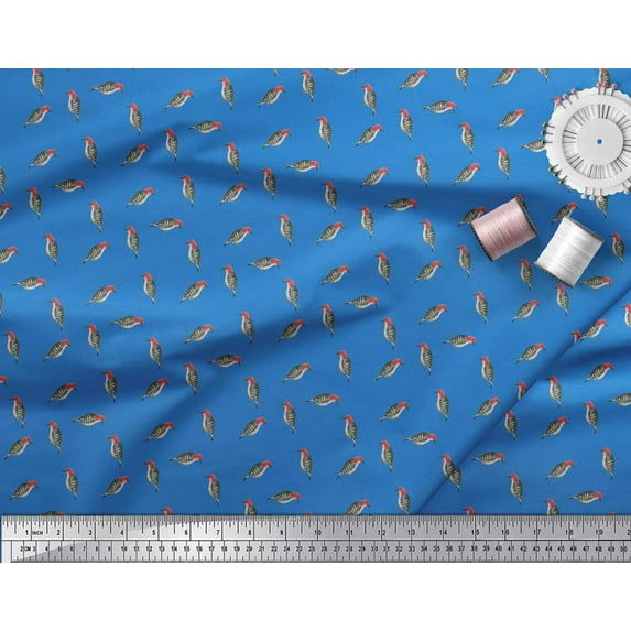 Soimoi Blue Rayon Fabric Woodpecker Bird Printed Fabric 1 Yard 58 Inch Wide