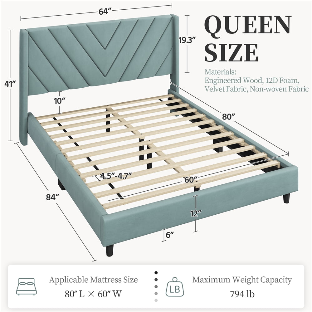 Yaheetech Upholstered Platform Bed with Wooden Slat Support and Tufted Headboard, Queen, Blue Lake