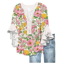 Women Floral Printed T-Shirt Summer Peplum Ruffle Sleeve Tops Henley Neck Tee Shirts Button Down Shirts Fltter Hem Loose Fit Tunic Blouse Going Out Beach Vacation Outfits 2025
