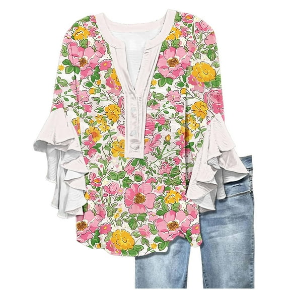 3/4 Length Sleeve Womens Tops, 3/4 Sleeve Blouses for Women Casual Floral Print Summer Tops Trendy 2025 New Functional Button Front V-Neck Ruffle Sleeves Loose Blouse T-Shirt, MR-2, M