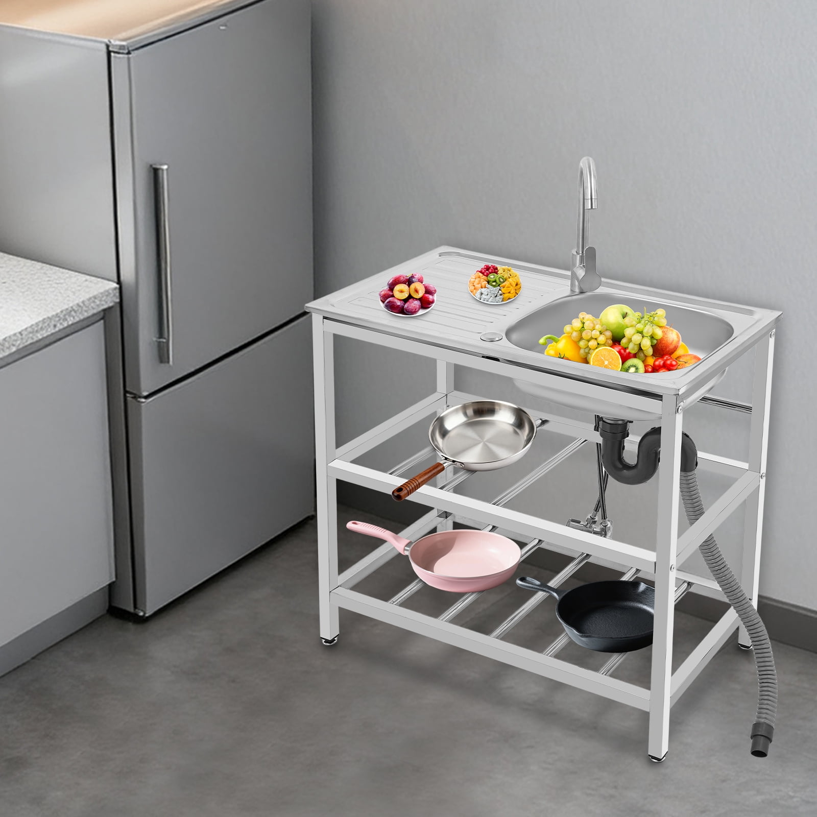Vintoro Stainless Steel Sink with Faucet and Filter, Freestanding Outdoor Kitchen Utility Sink, 75*40*78cm