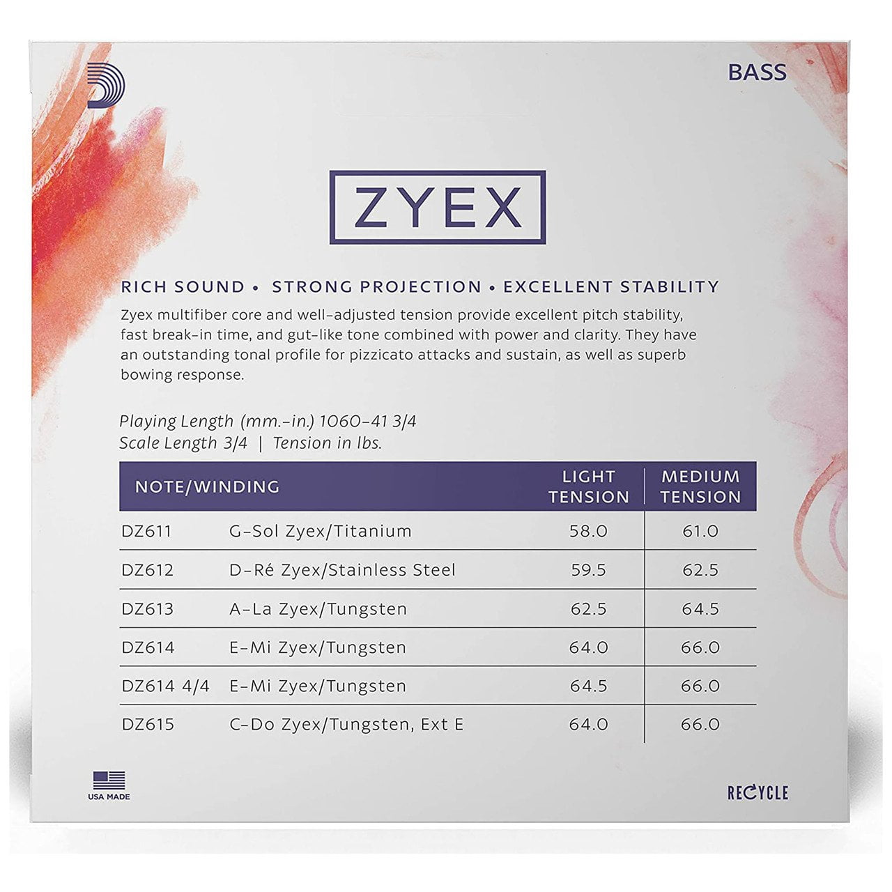 D'Addario DZ610 Zyex 3/4 Bass String Set Medium