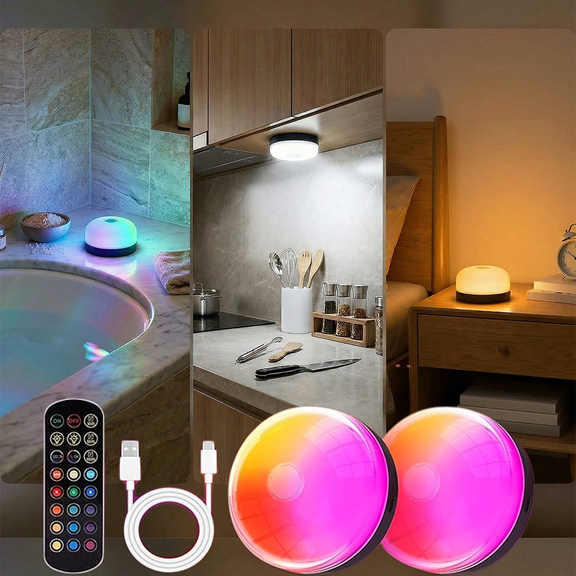 DOLIZU 2-Pack Waterproof Night Lights, 15 RGBW Color Rechargeable Mood Lighting with Remote(Dimmable＆Timer), LED Wireless Ceiling Light for Bathroom, Closet, Hallway, Stairs, Party Decor