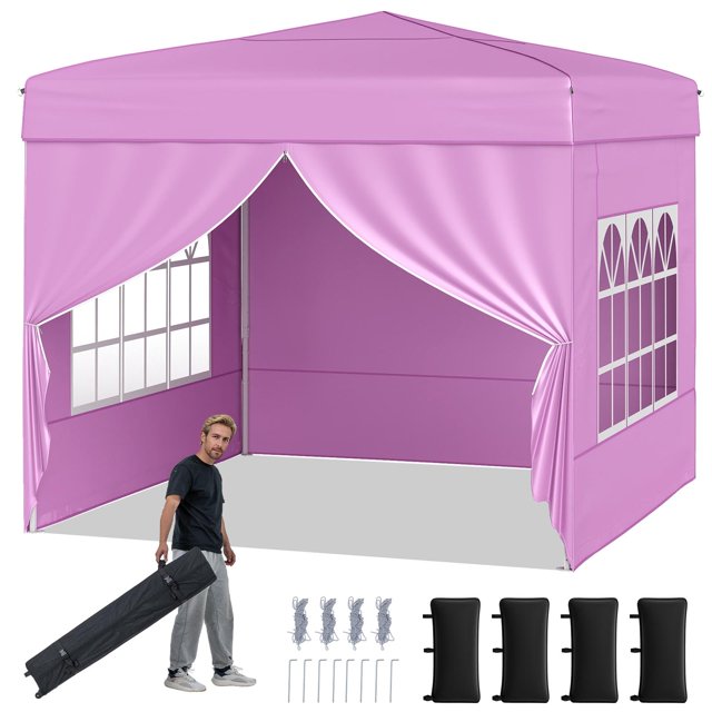 Gymax 10 X 10 FT Pop up Canopy Tent w/ 4 Sidewalls Wheeled Bag 4 Sandbags 8 Stakes Pink