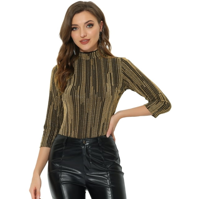Blusa Top Metálico De Rayas Brillantes Manga 3/4 Brillantina Fiesta Para Mujer Color Color Oro Brillante M