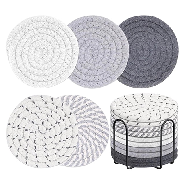 10Pcs Assorted Drink Mat, Multi-Color Spiral Cup Pad, Woven Coaster With Metal Rack, Boho Kitchen Decor, Storage Coaster Set, Two-Tone Spiral Woven Coaster Set With Iron Holder, Tabletop Cup Mat, C