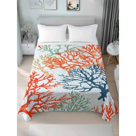 Boho Ocean Coral Queen Size Flat Sheet, Wrinkleproof & Fadeproof Cooling Flat Bed Sheet Only, Orange Blue Ombre Green Polka Dots Breathable Soft Bedding Top Sheets 90 x 102 Inches