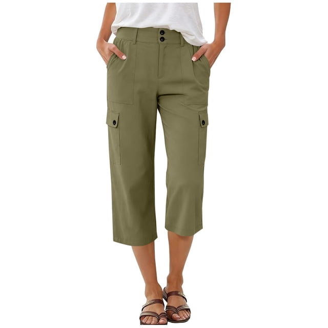Scyoekwg Capris pour Femmes, Pantalon Cargo de Randonnée à Boutons, Pantalon Capri Décontracté à devant Ouvert avec Poches, Pantalon de Voyage Vert Armée, m