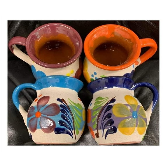 4 Mexican Coffee Mugs Jarritos Mexicanos Flower design Tazas de Barro Micnocana Ponchero Hot Chocolate Champurrado Tepache Pulque Traditional Clay Party Dish China Made in Mexico