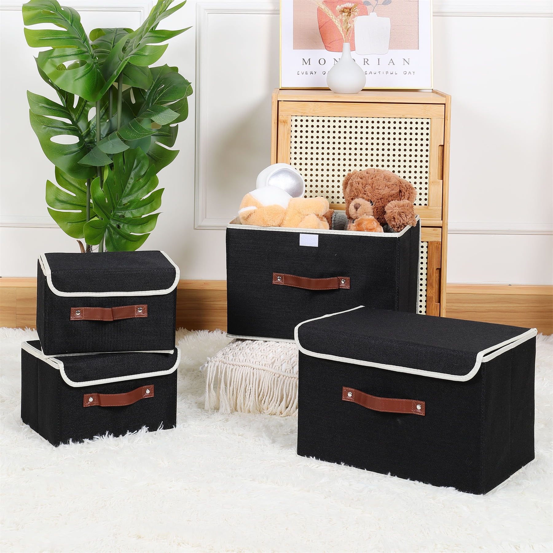 ANMINY Foldable Fabric Storage Bin With Handle Lid Large Collapsible Box Basket For Home Organizer, 6 Packs, Black