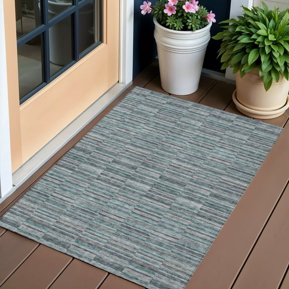 3' X 5' Teal Blue Aqua And Gray Striped Washable Indoor Outdoor Area Rug